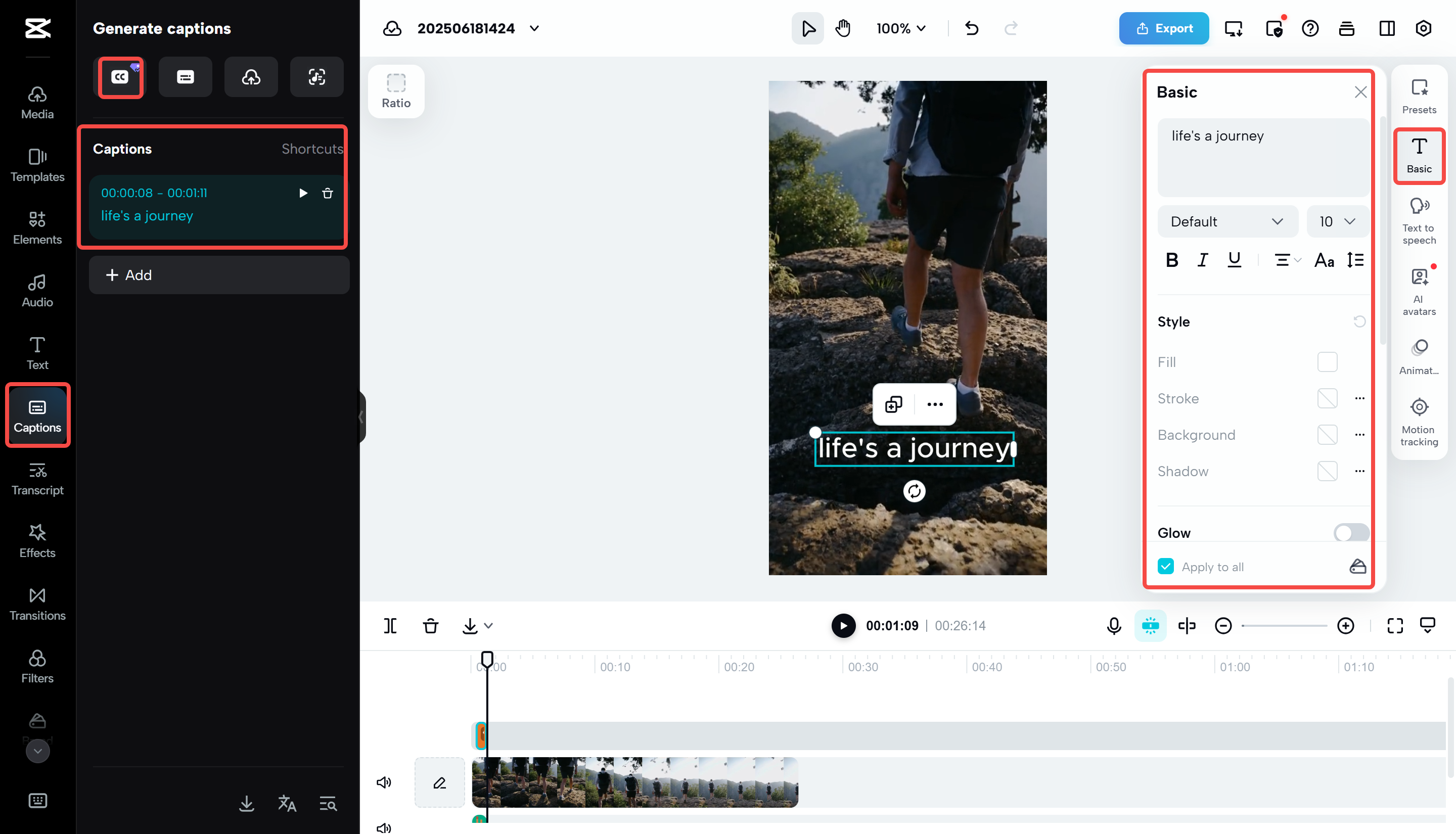 Menambah kapsyen pada Instagram Reels dengan CapCut Web