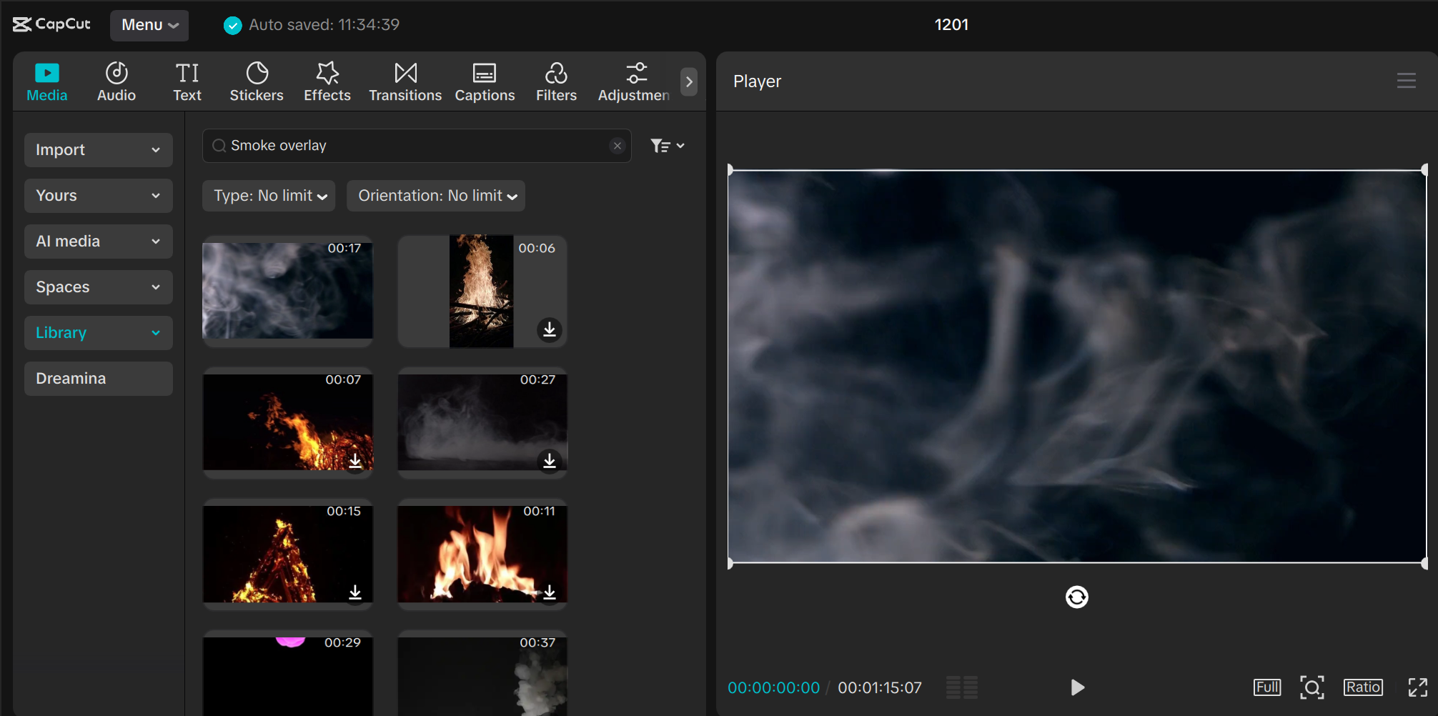 Screenshot showing smoke overlay video effect