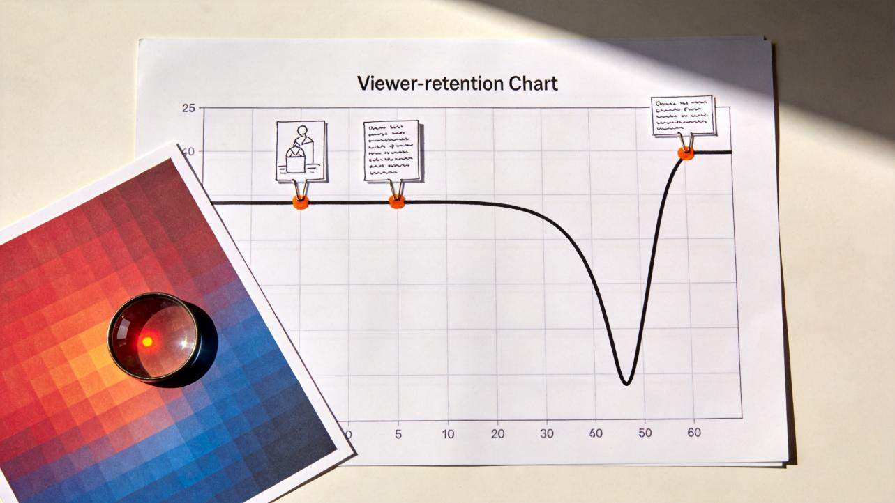 Viewer-retention chart with a line dropping sharply and rising again, plus pinned caption notes above the curve