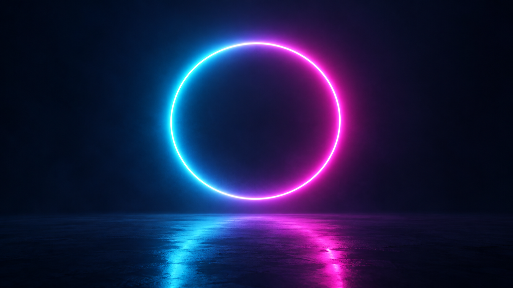 Original Neon Halo motif: one cyan and magenta ring in a dark studio