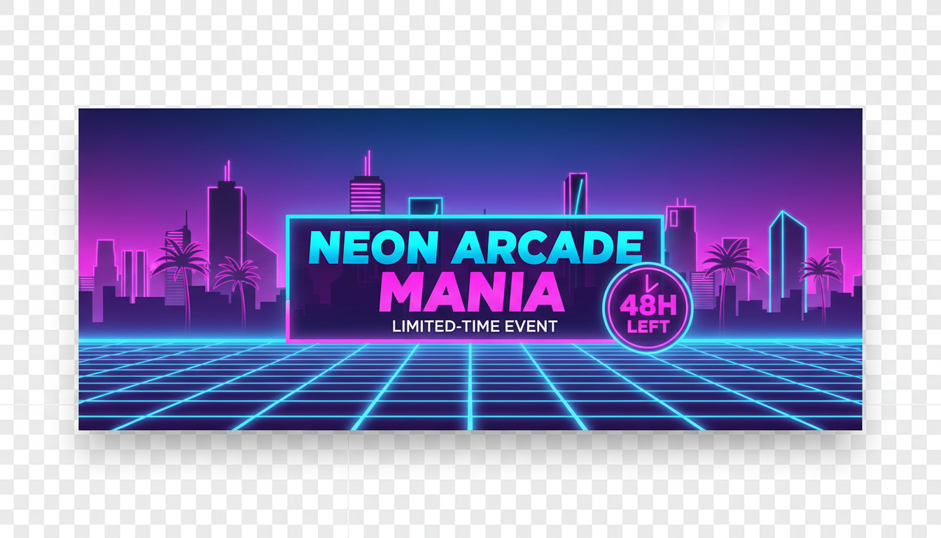 Neon arcade limited-time game banner with synthwave grid, glowing skyline, cyan-magenta neon, and a bold countdown badge area for 48h left.