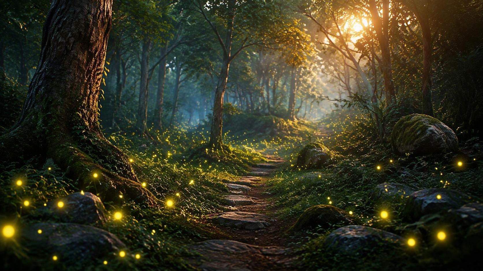 16: 9 film kreativ skog tema video visuellt för Dreamina, scen 1.