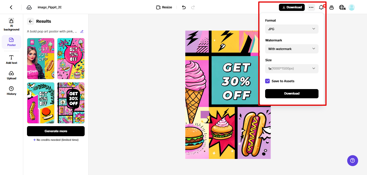 Downloading sales posters from Pippit