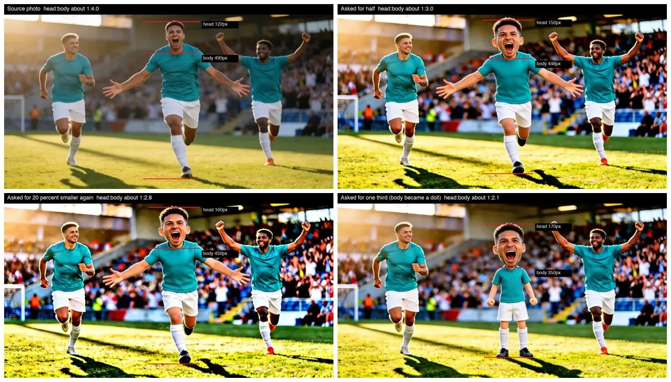 Four-panel soccer meme showing players with progressively smaller bodies and oversized heads