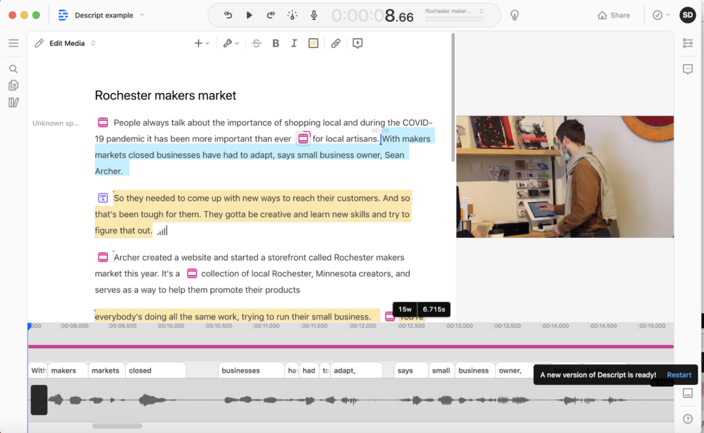 Interface of Descript - podcast voice enhancer AI
