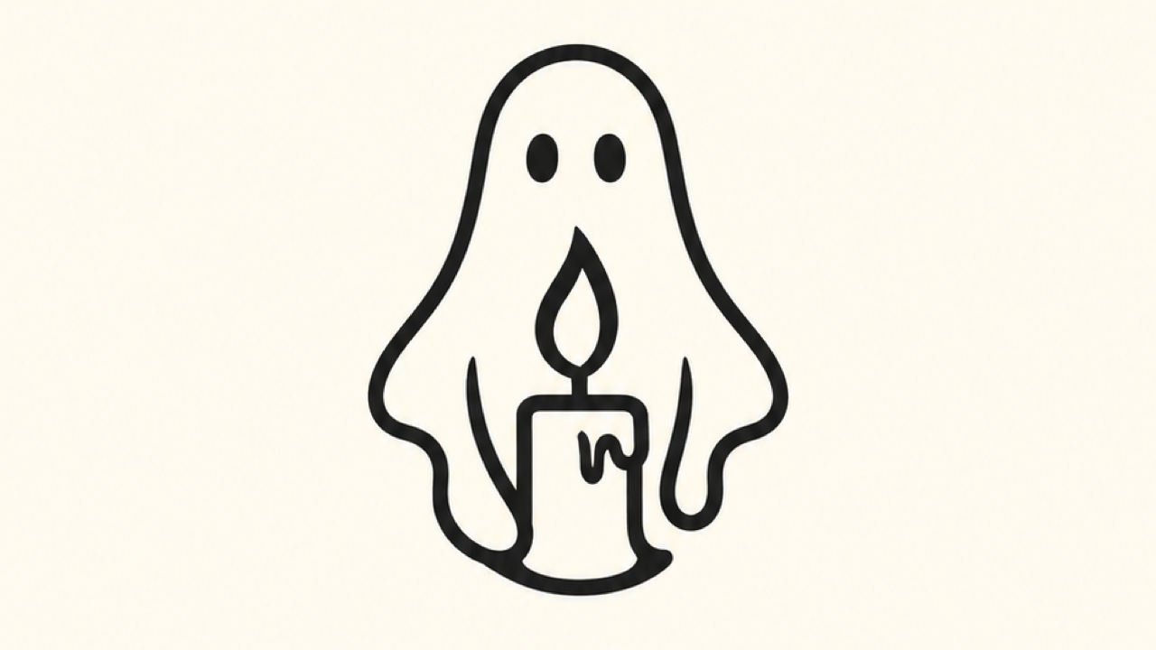 Garis gelap tebal dari hantu ramah memegang lilin, berpusat pada gading.