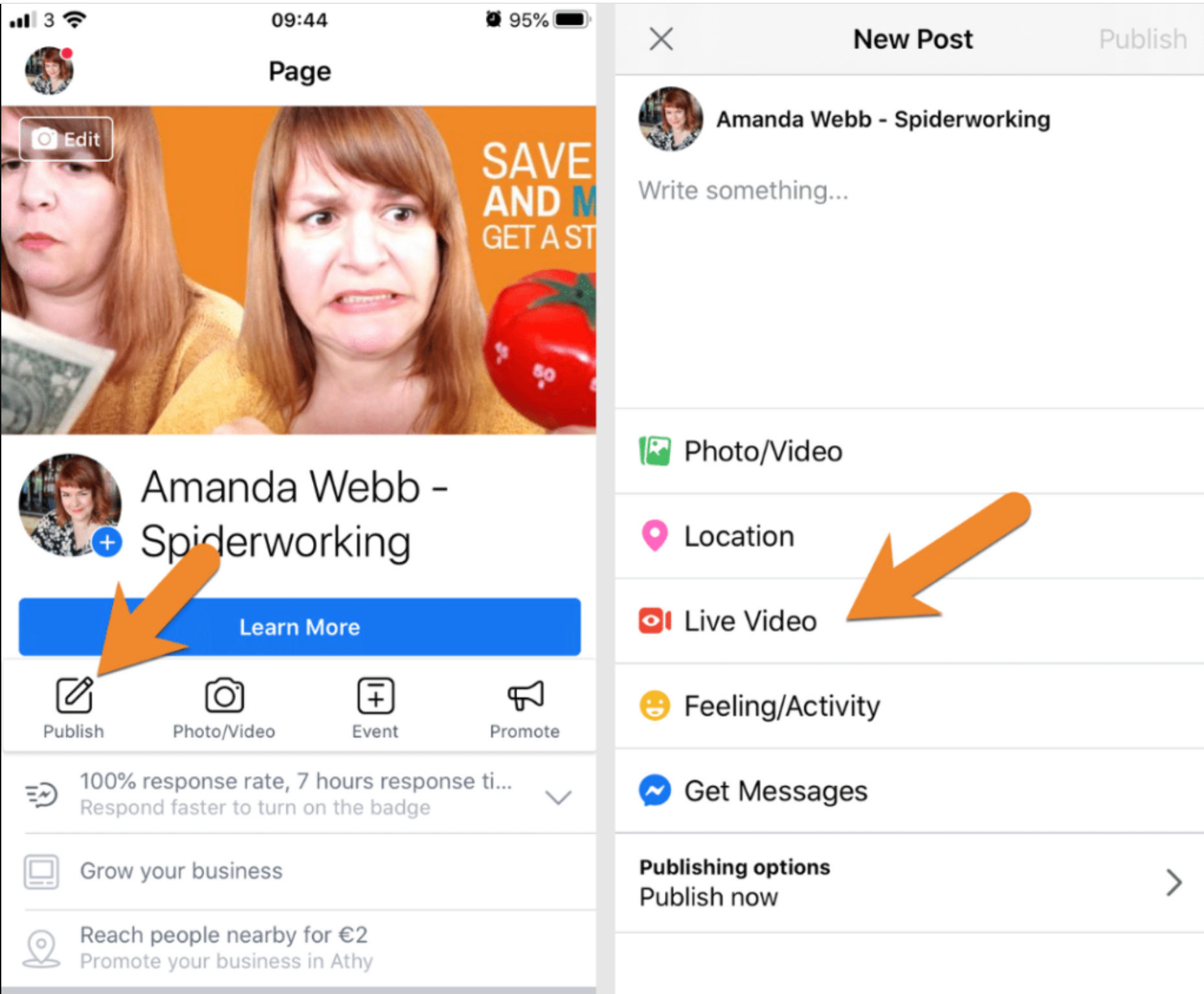 Live stream to a Facebook page from the mobile app