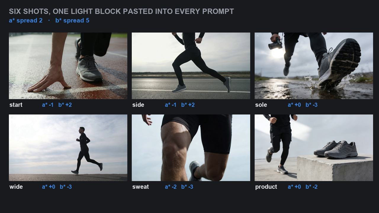 Six generated stills in two rows: hands at a start line, a side view at full stride, a shoe spraying water, a wide shot against sky, a thigh macro and a pair of shoes on a block, all in cold grey light, each labelled with its a* and b* readings.