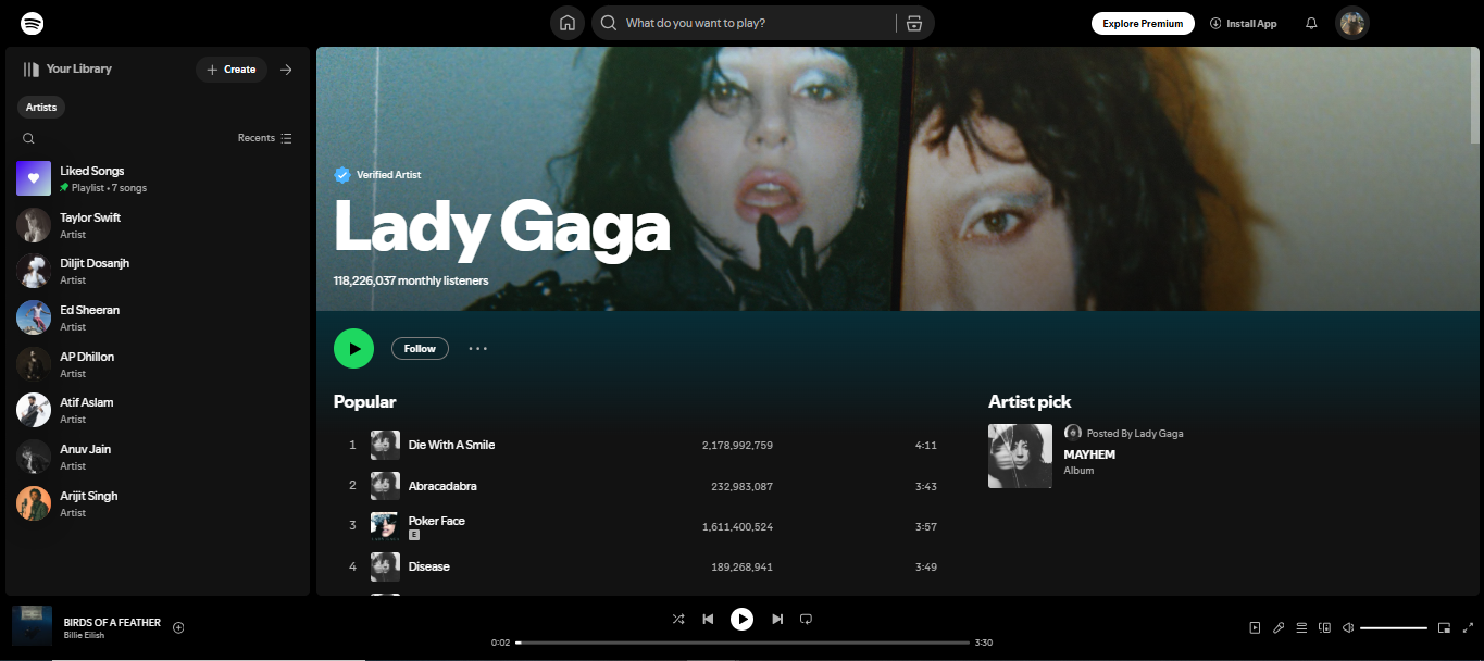 Lady Gaga - included among the top 200 artists on Spotify