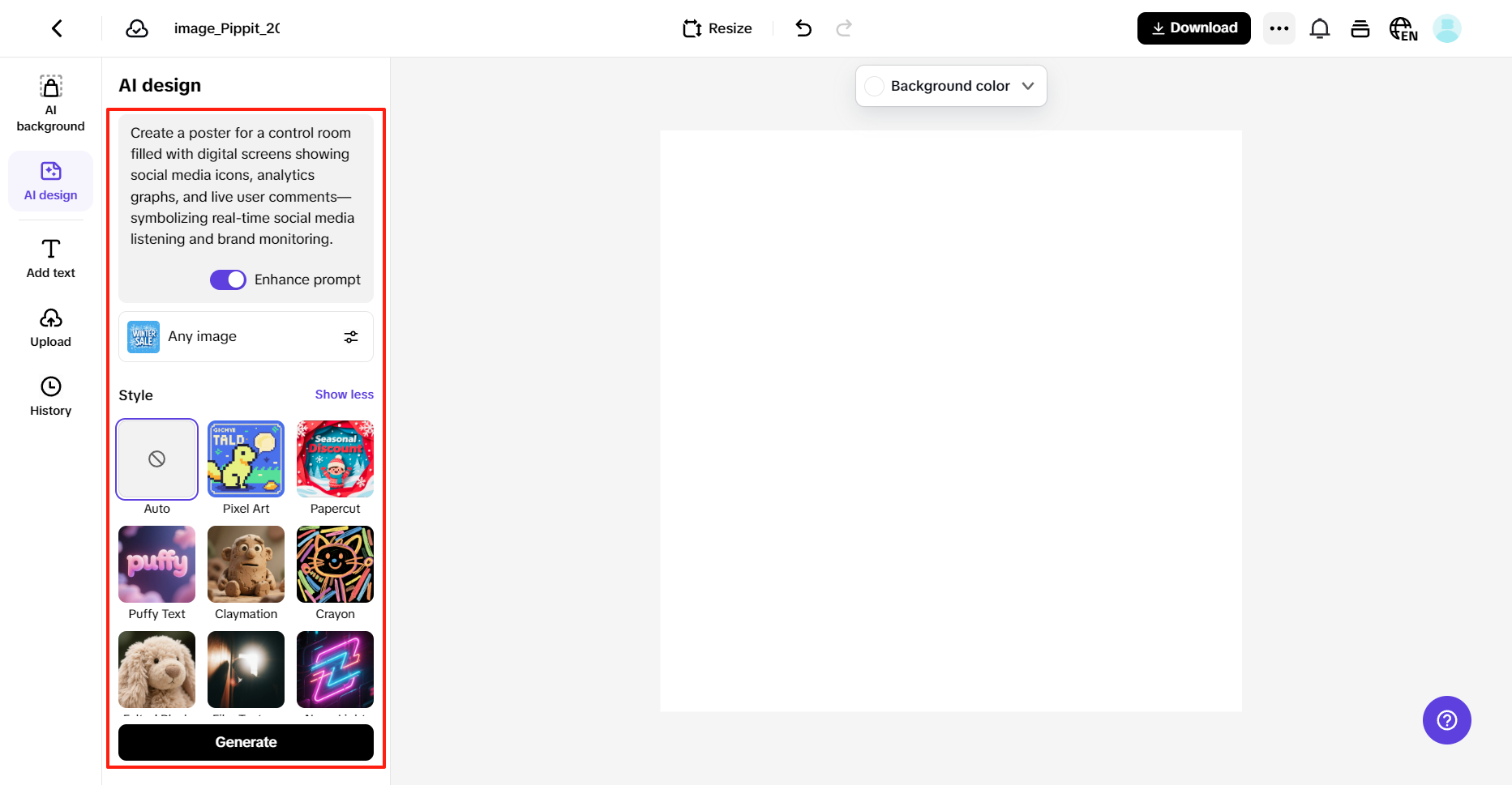 Enter prompt and generate with AI
