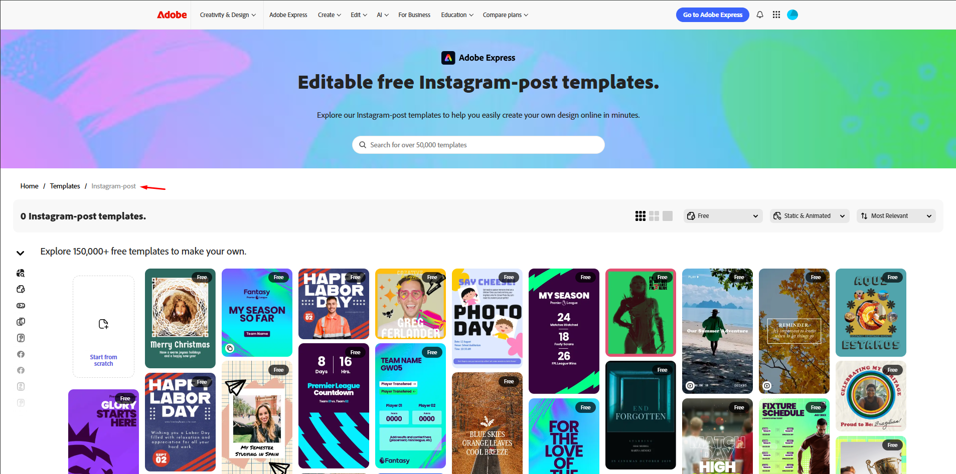 Choosing a template for image in Adobe Express