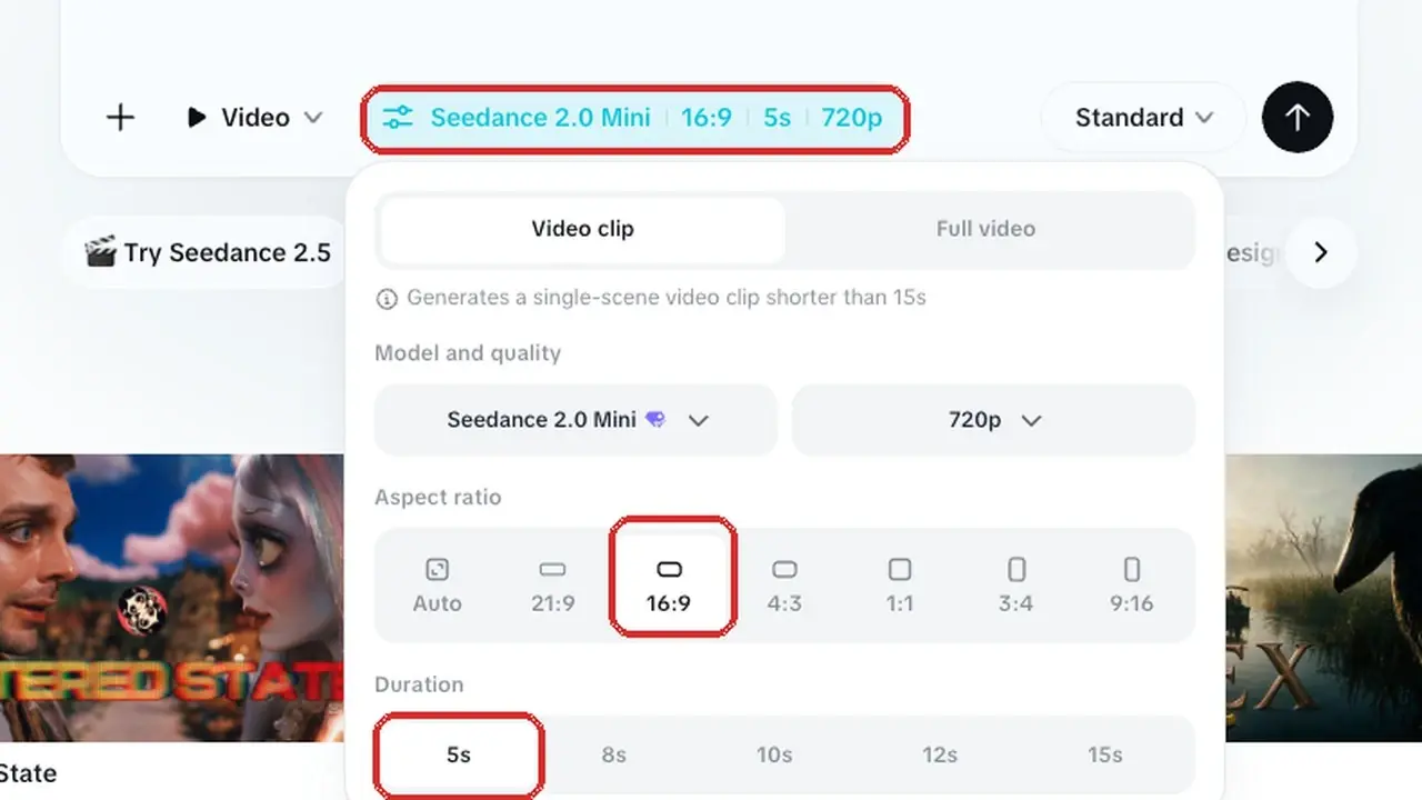 CapCut video settings panel showing 16:9 aspect ratio, 5s duration, and 720p quality