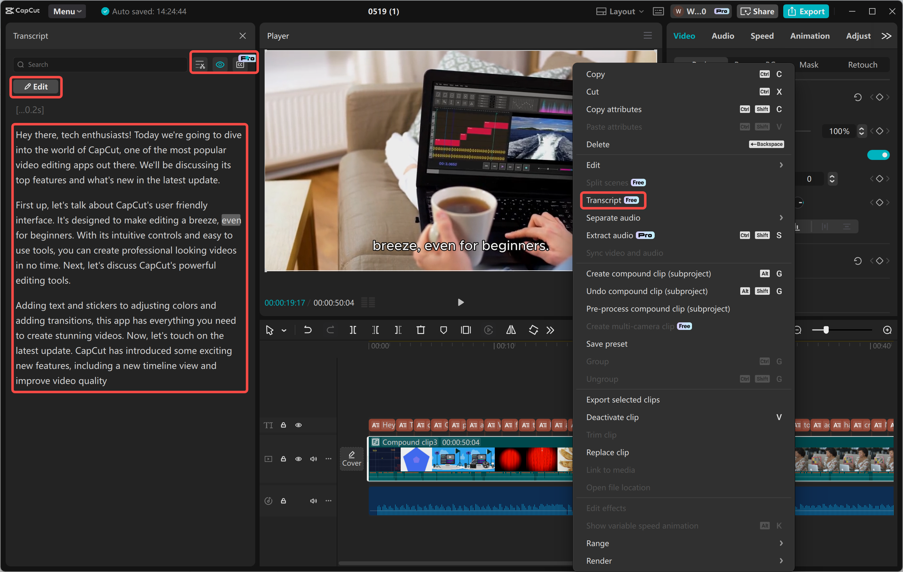 Transcribing a video with the CapCut desktop video editor