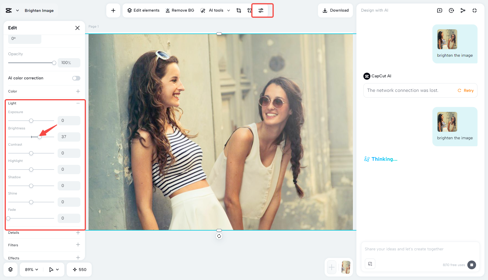 Brighten the photo in CapCut