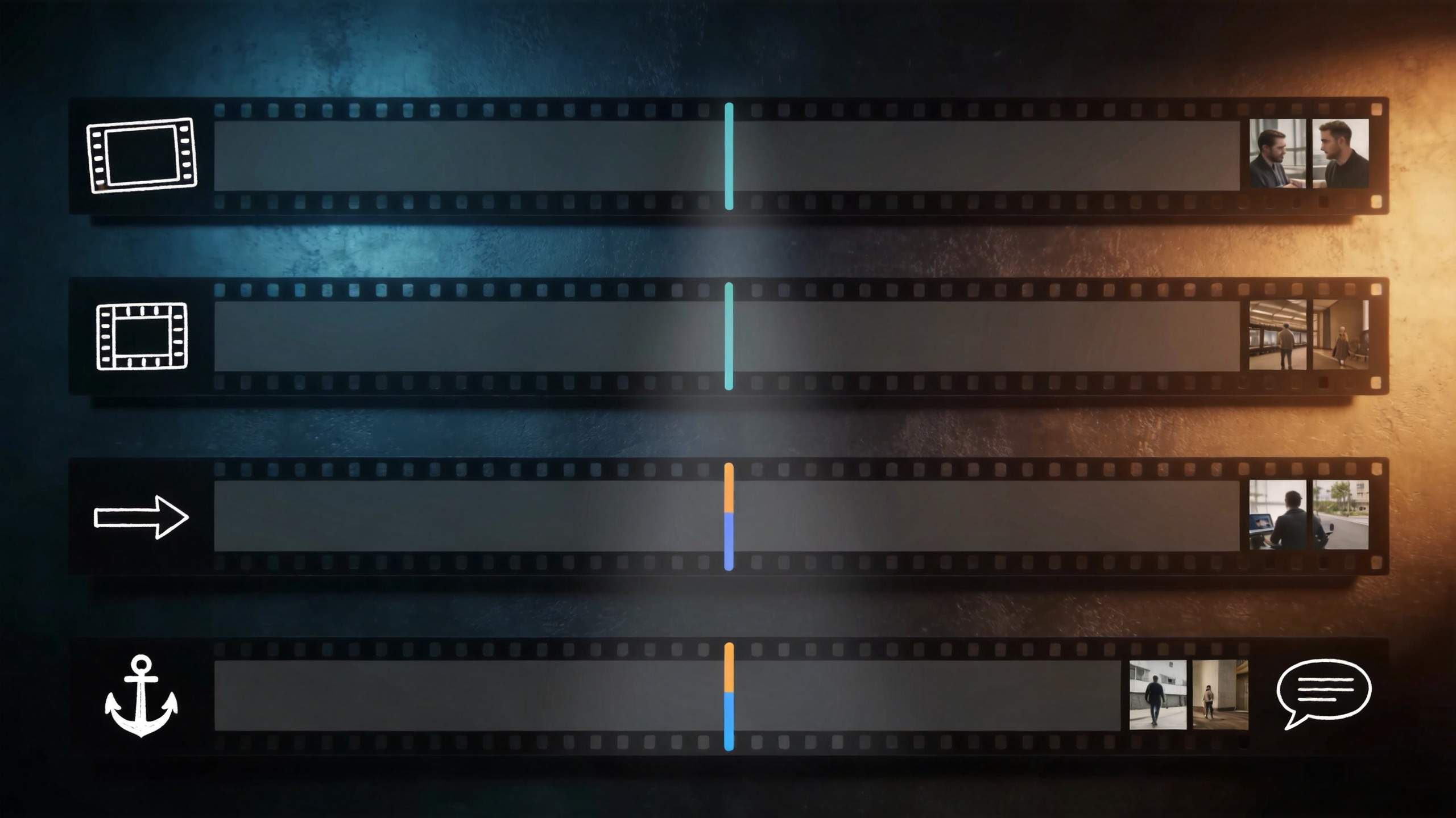 Four film strips with icons and small scene thumbnails at the right, showing video editing concepts.
