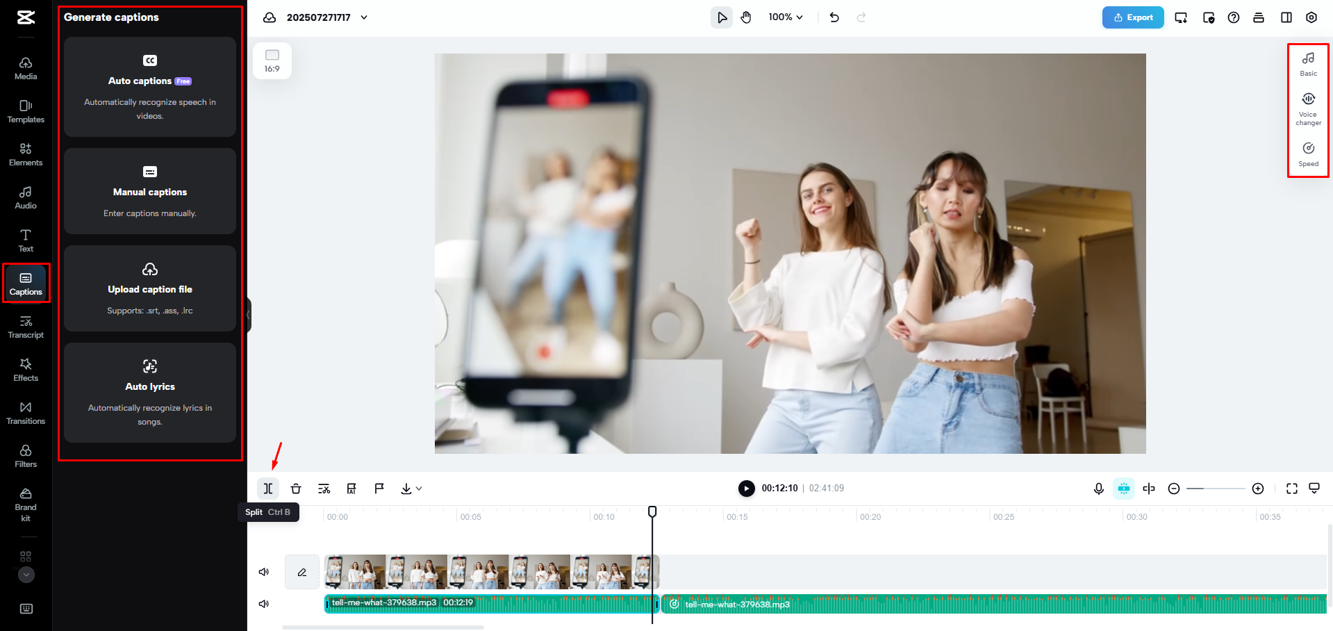 Corte a gravação de áudio no CapCut Web