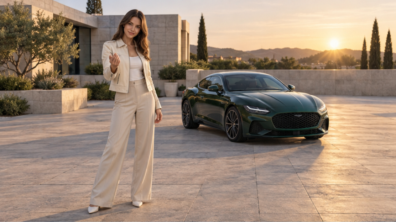 Premium photorealistic cinematic 16:9 STILL keyframe featuring an original adult woman in a cream jacket standing in the foreground with one hand making a small inviting gesture, an unbranded deep-green sports coupe arriving behind her, in a wide empty modern courtyard in warm late-afternoon light. Keep whole person and entire car with a visible gap between them fully inside the composition. Detailed materials, coherent anatomy, balanced cinematic lighting, clean background separation. One coherent scene, no text, logos, watermark.