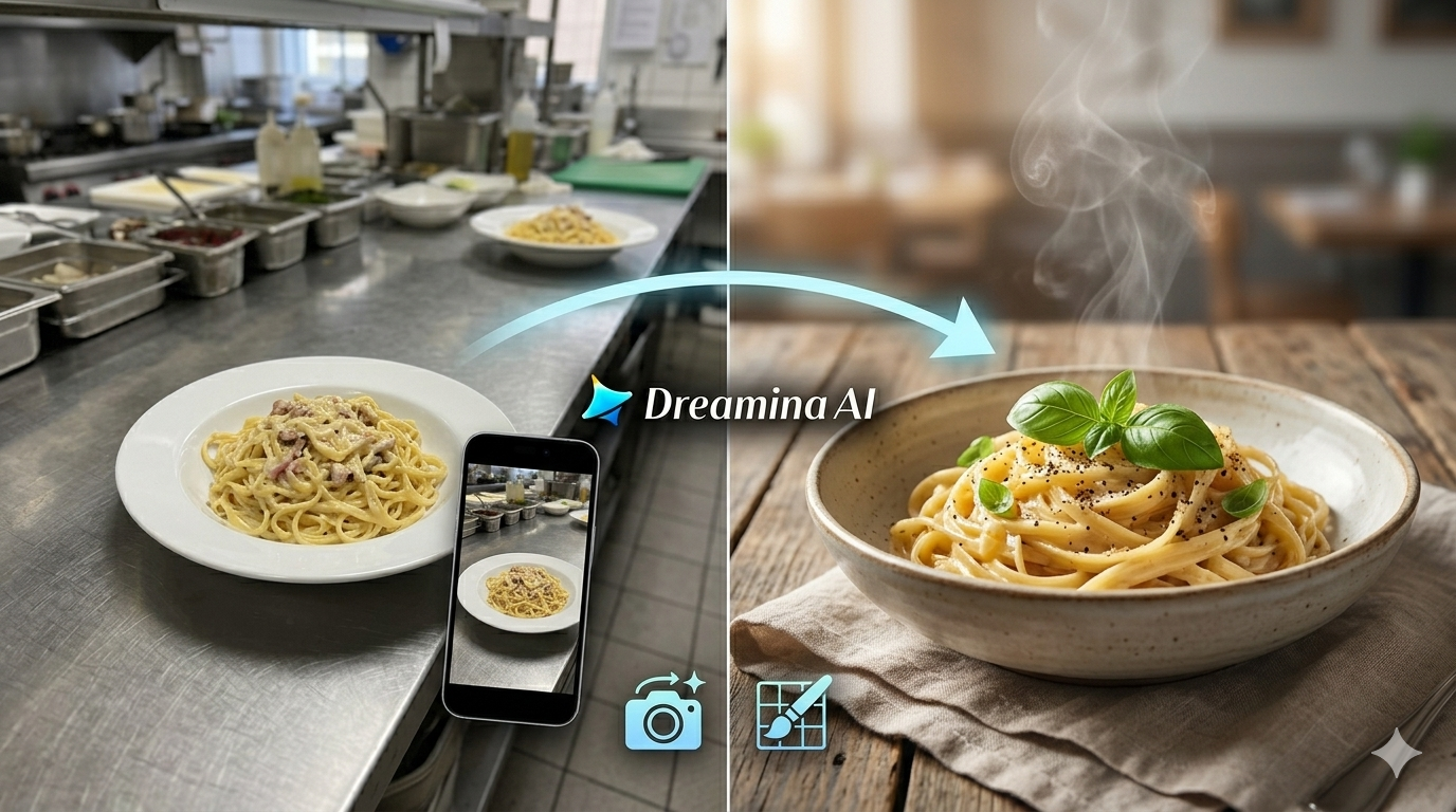 Dreamina AI genererar restaurangmatbilder med aptitretande texturer, exakt plätering och bild-till-video-rörelse för menyfoton och sociala kampanjer.