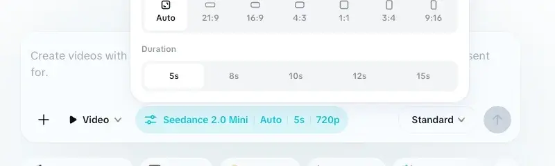 CapCut editor settings bar with aspect ratio, duration, and video options