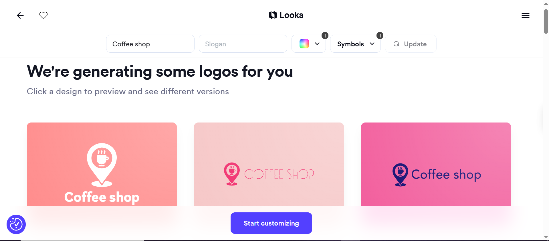 Interface of Looka - best coffee shop logo designer