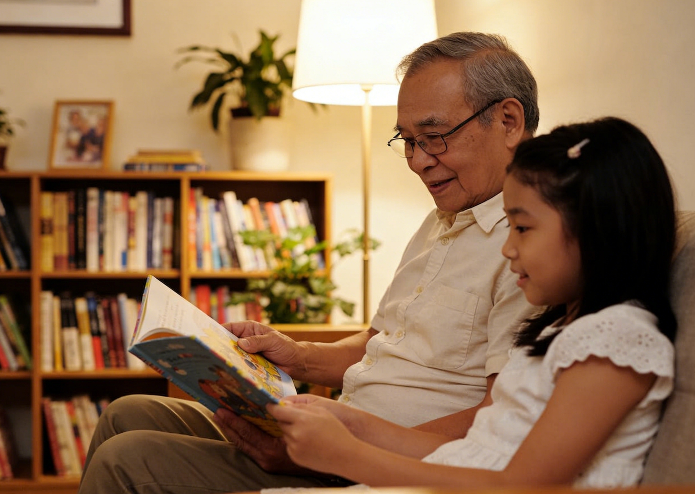 Torununa hikaye okuyan yaşlı bir erkeğin sıcak bir seslendirmesini oluşturun