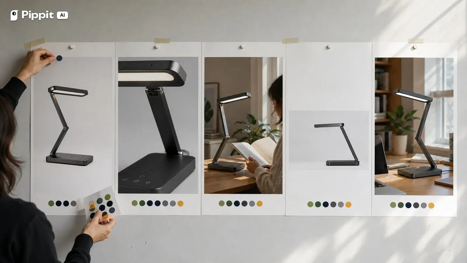 Five channel roles compare proof, feature, reading, banner, and organic scenes for one desk lamp.