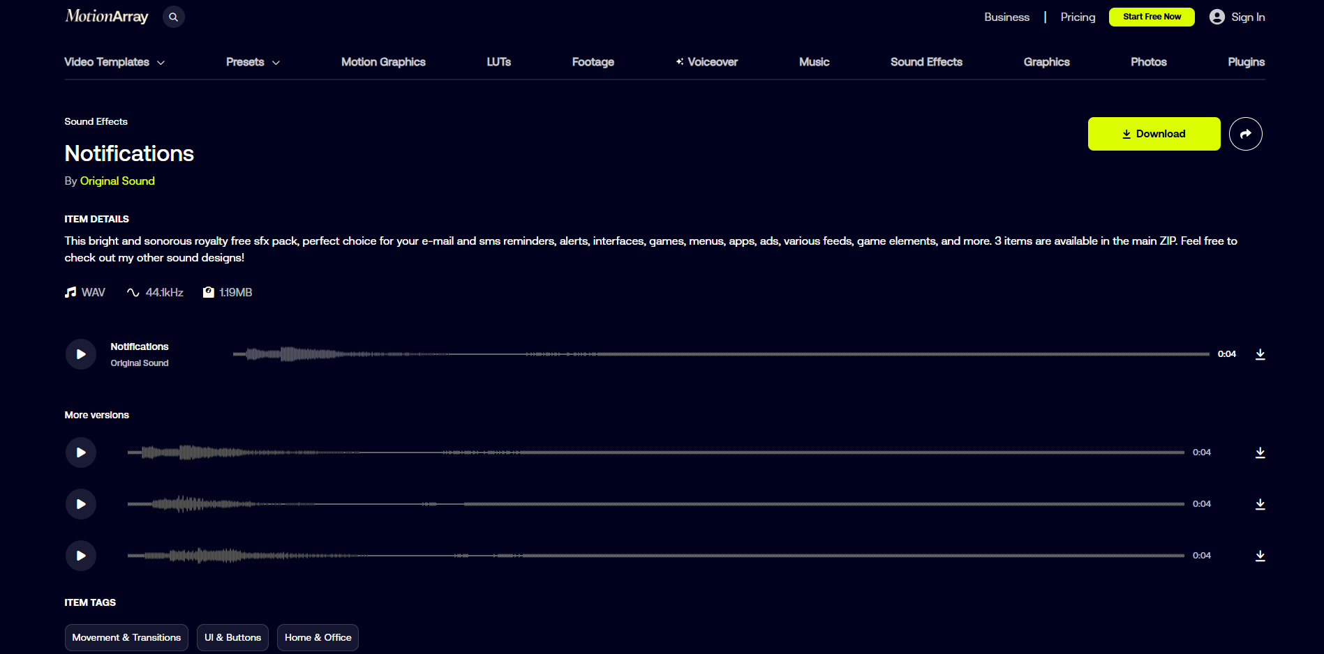 Interface of Motion Array - another valuable site to get notification sound effects