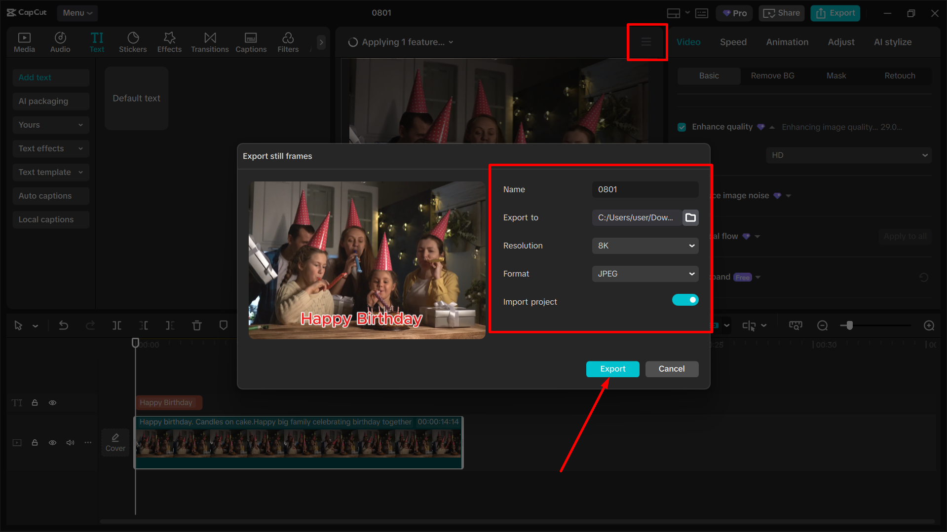 Exporting the image from the CapCut desktop video editor