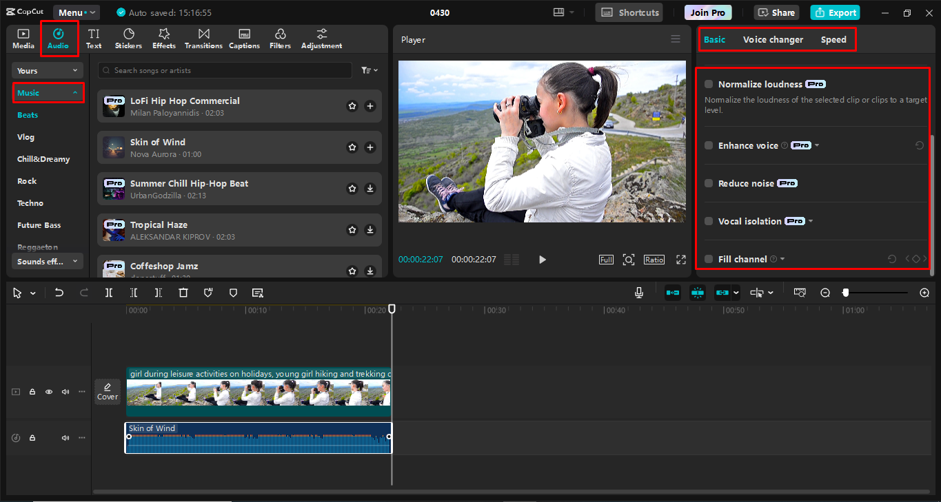 Menambah dan meningkatkan audio dalam editor video desktop CapCut