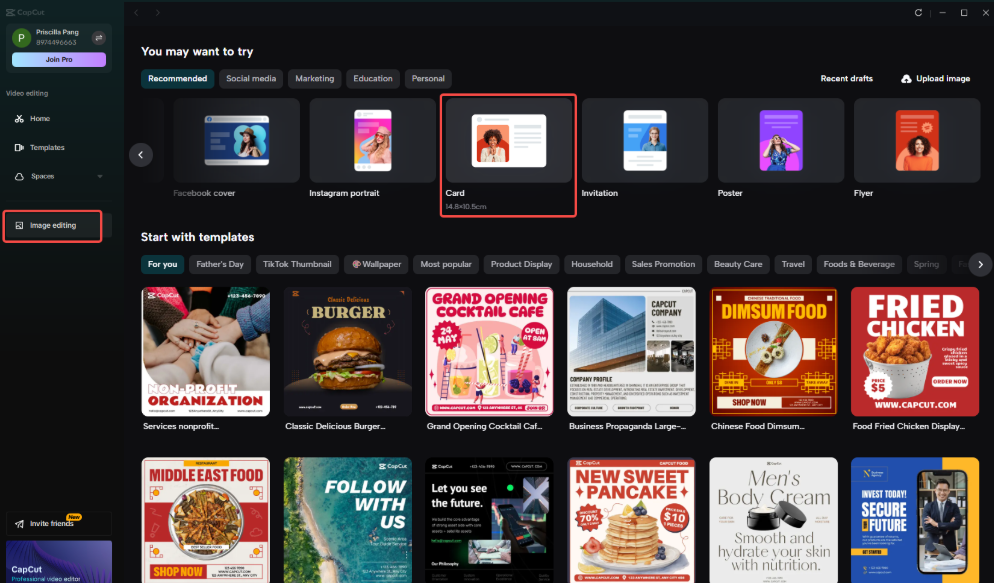 Accessing the "Card" feature in CapCut
