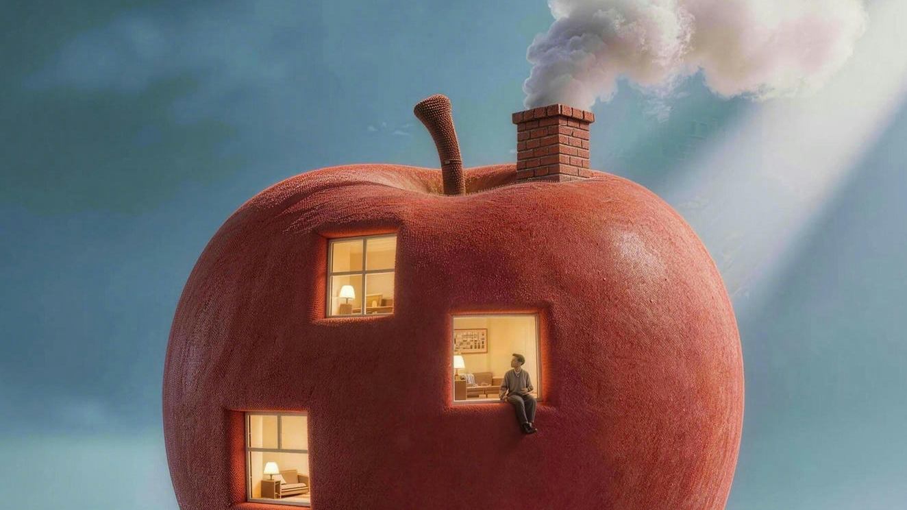 Surreal red apple house generated from an AI prompt