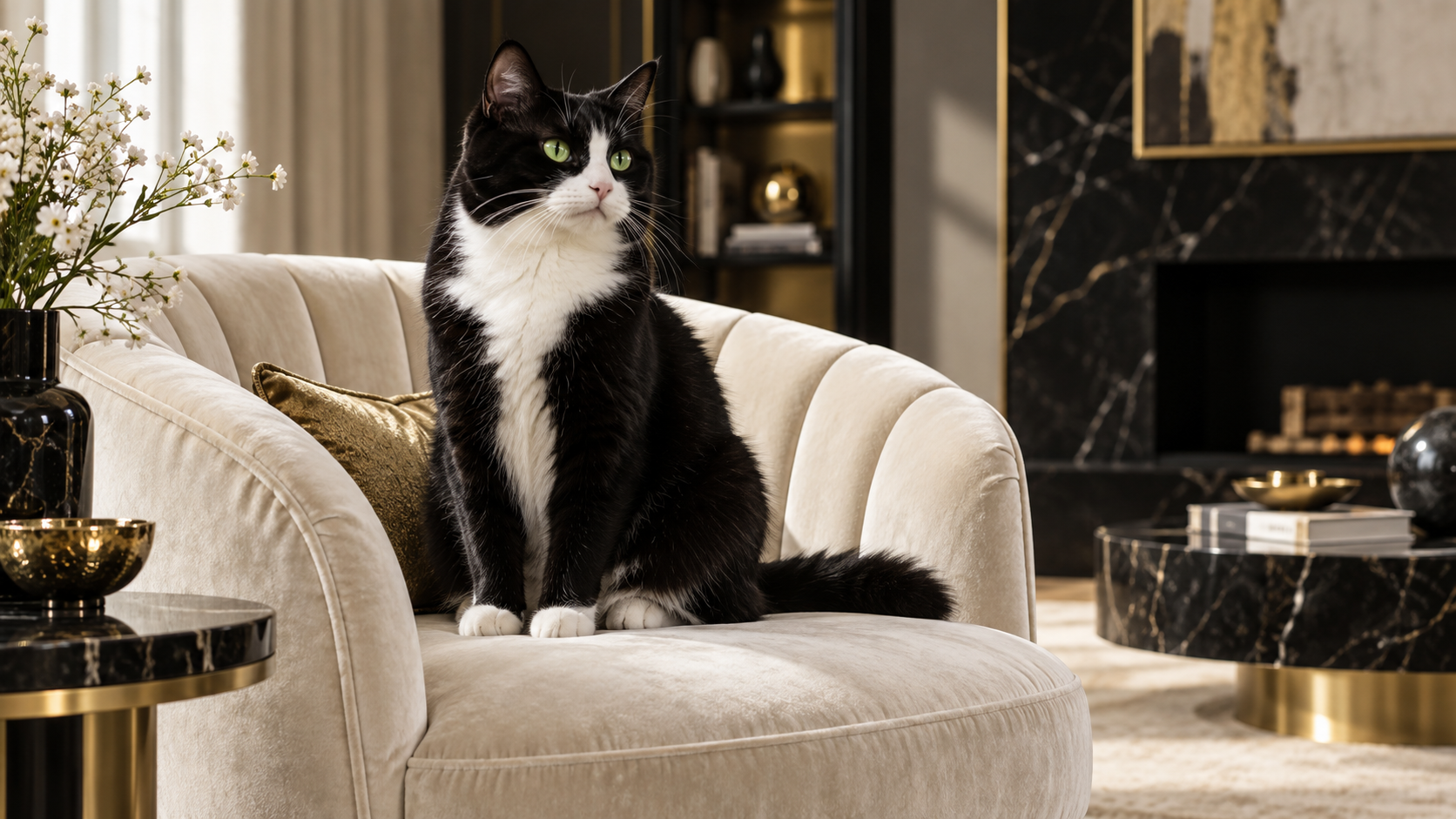 a polished pet commercial that keeps one tuxedo cat’s facial mask, chest patch, paws, and movement consistent across luxury and playful scenes