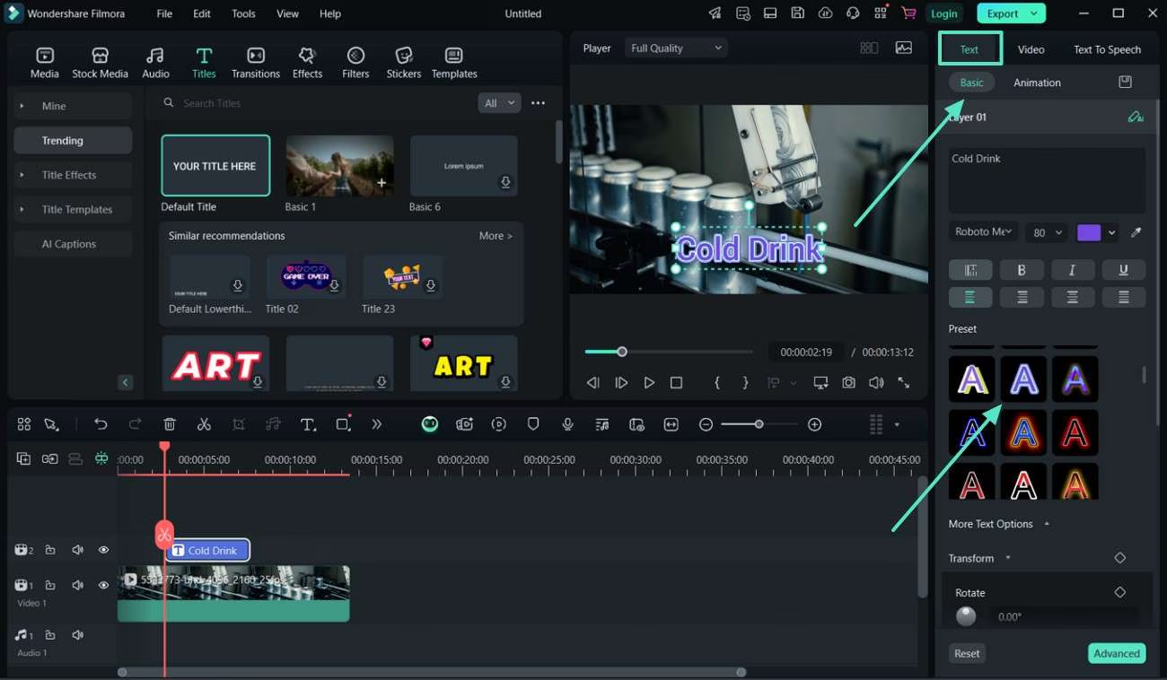 Interface of Filmora - another free animated text video maker
