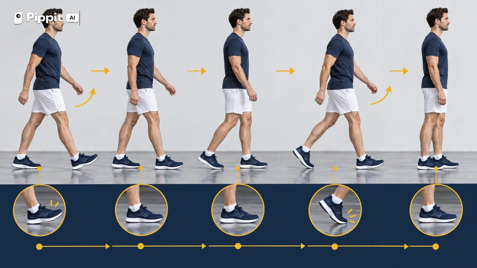 Five consistent side-view frames show an adult man completing a natural walking cycle with visible foot contact.