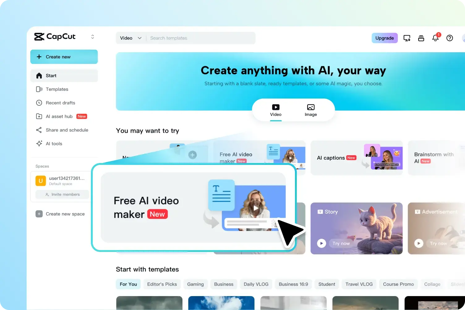 CapCut Web start page highlighting the Free AI video maker card
