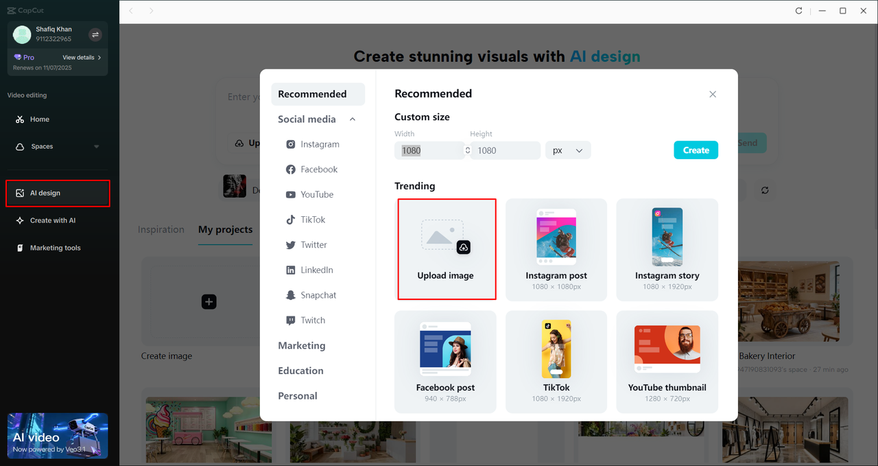 Accessing the AI Design tool in the CapCut desktop video editor 