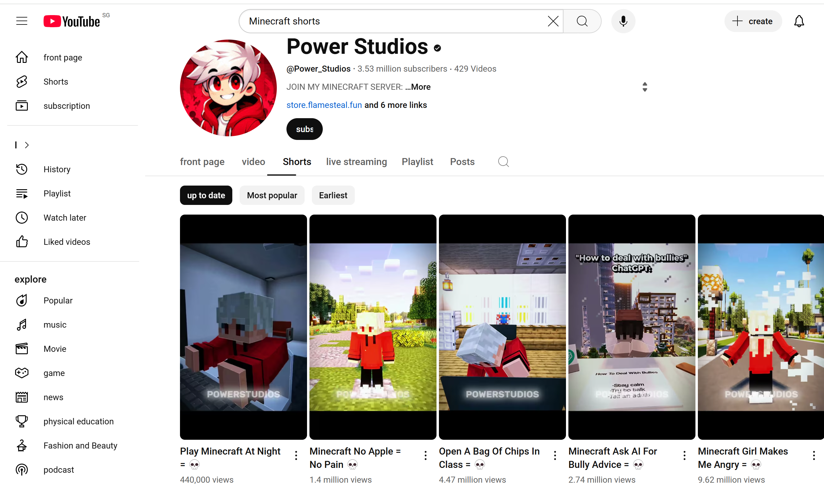 Power Studios YouTube Minecraft Shorts channel showcasing trending videos