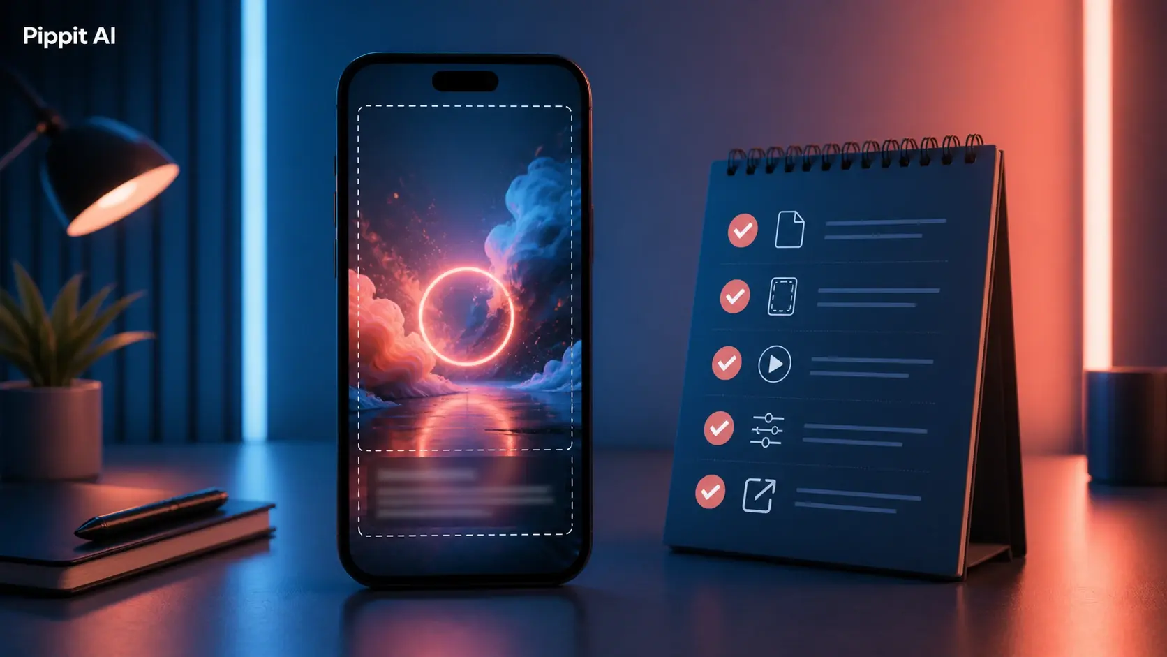 Smartphone showing a vertical AI video scene beside a checklist notepad