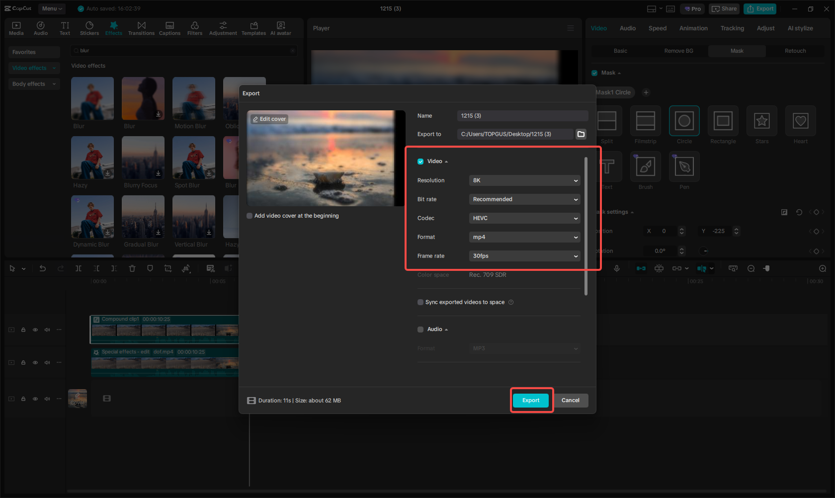 Export the final video