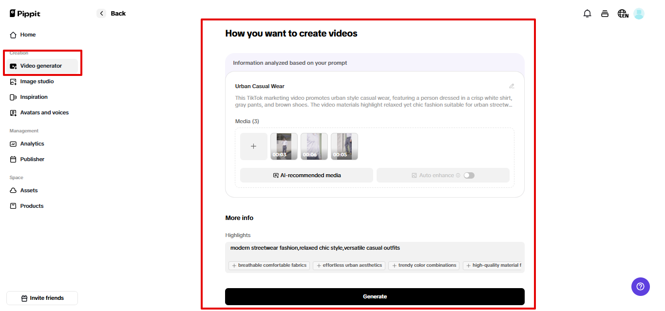Generating video using Pippit
