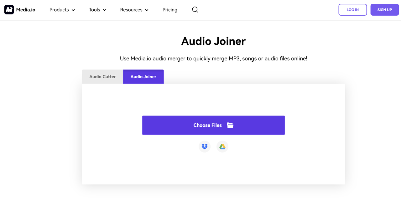 The interface of Media.IO- a free MP3 joiner online 