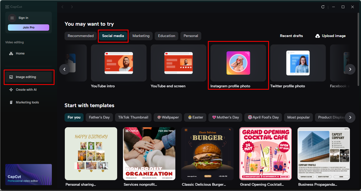 Image showing how to choose an Instagram profile template in CapCut desktop video editor