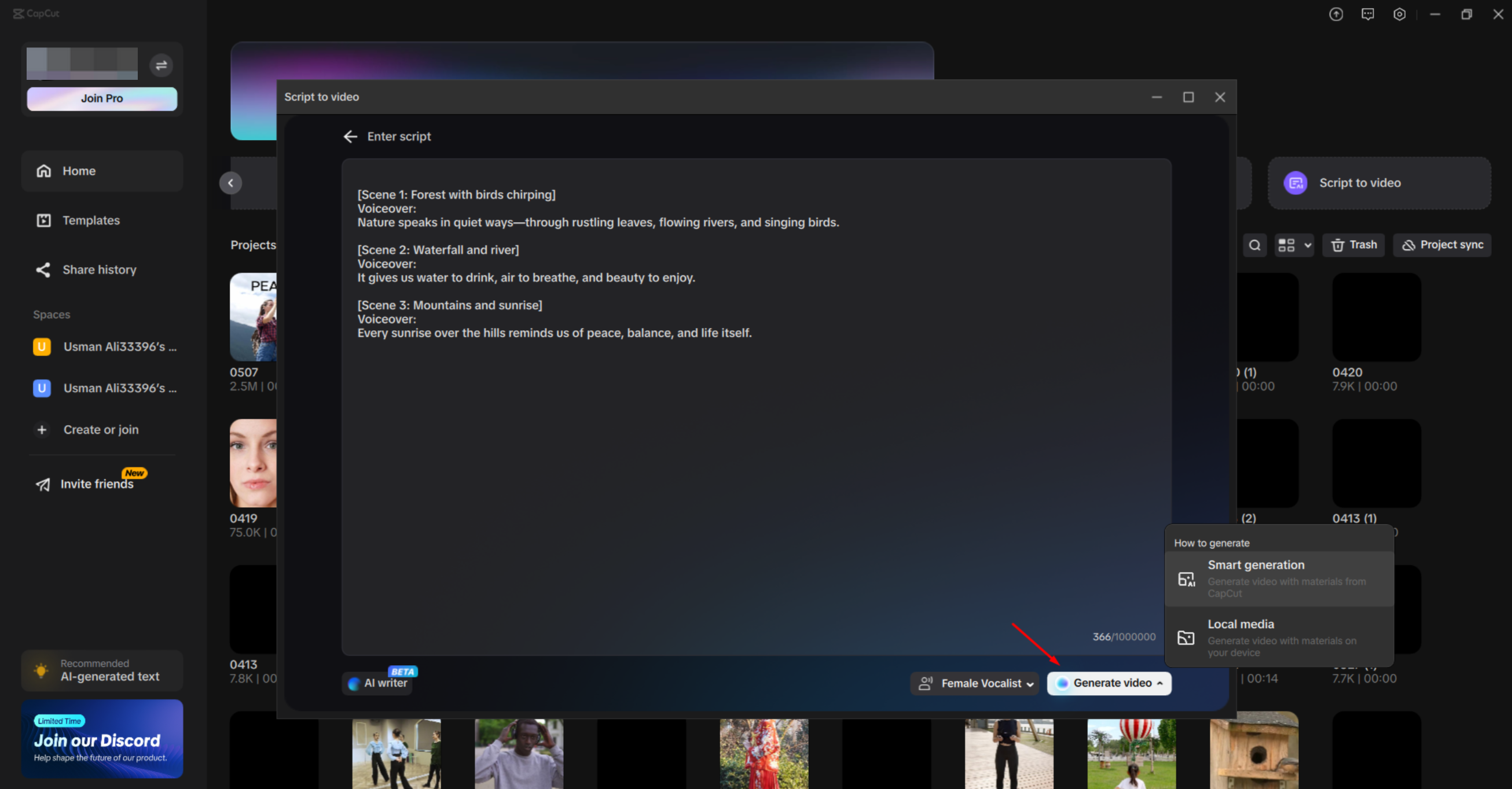 Writing a script and generating a video in the CapCut desktop video editor