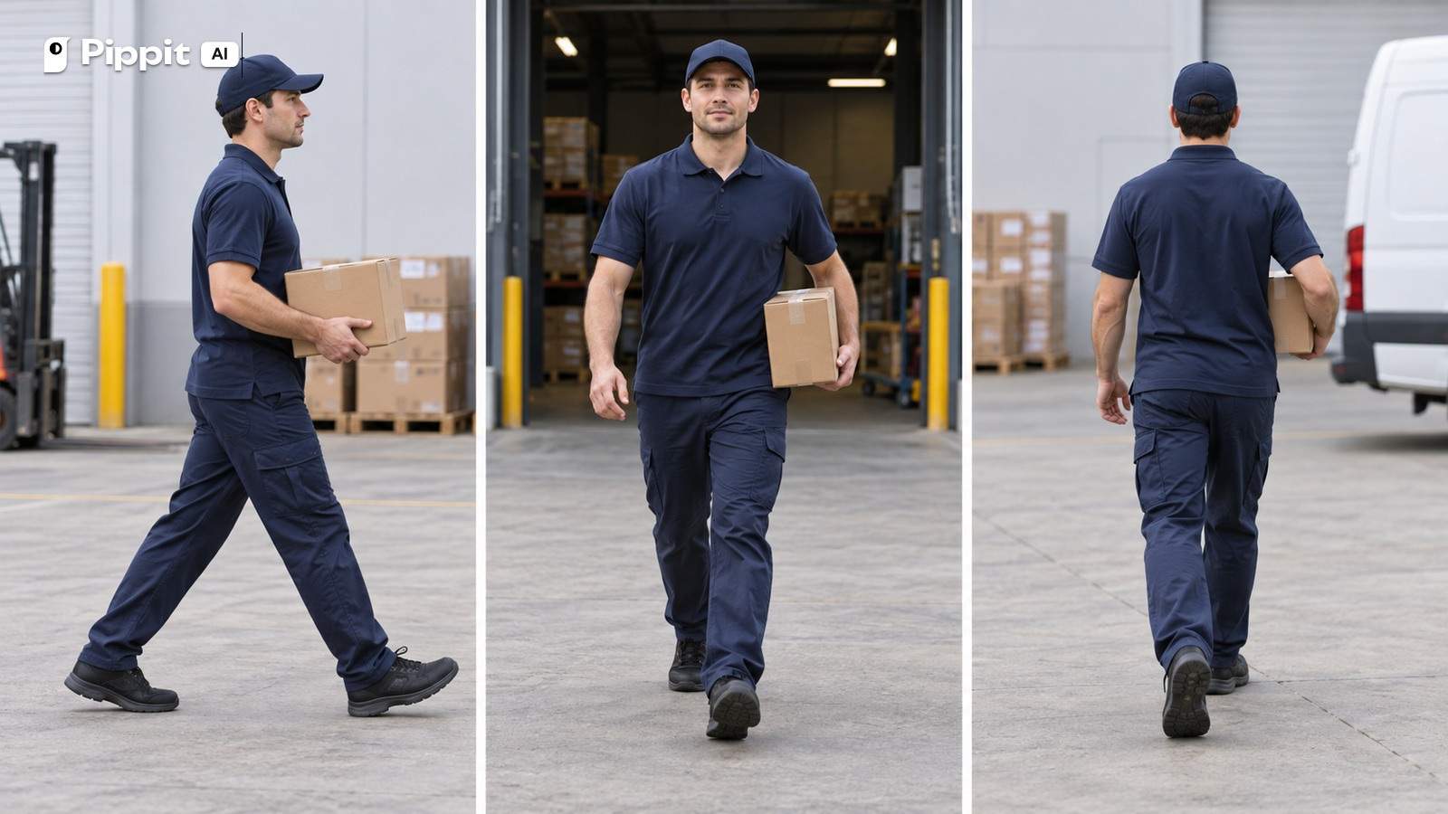 The same delivery worker walks from side, front, and rear views while carrying a parcel.
