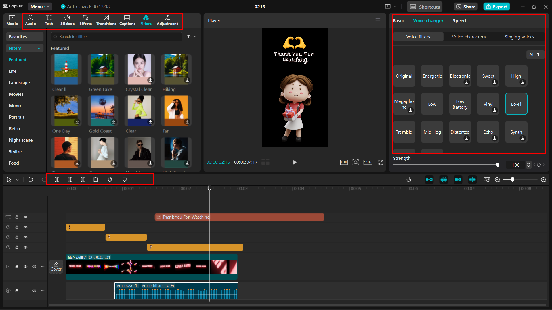 Generating animated characters and adding audio to video in CapCut