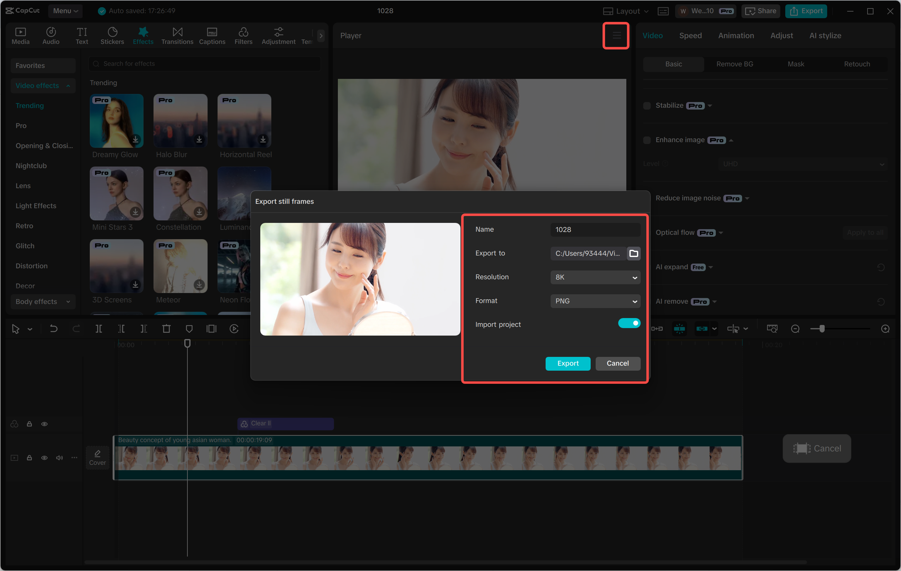 Exporting the final image in 8K from the CapCut desktop video editor