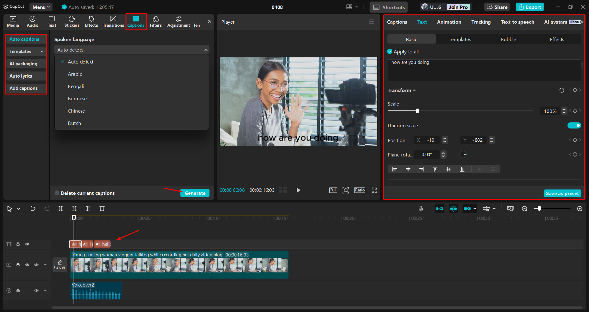 Converting a audio to text in the CapCut desktop video editor