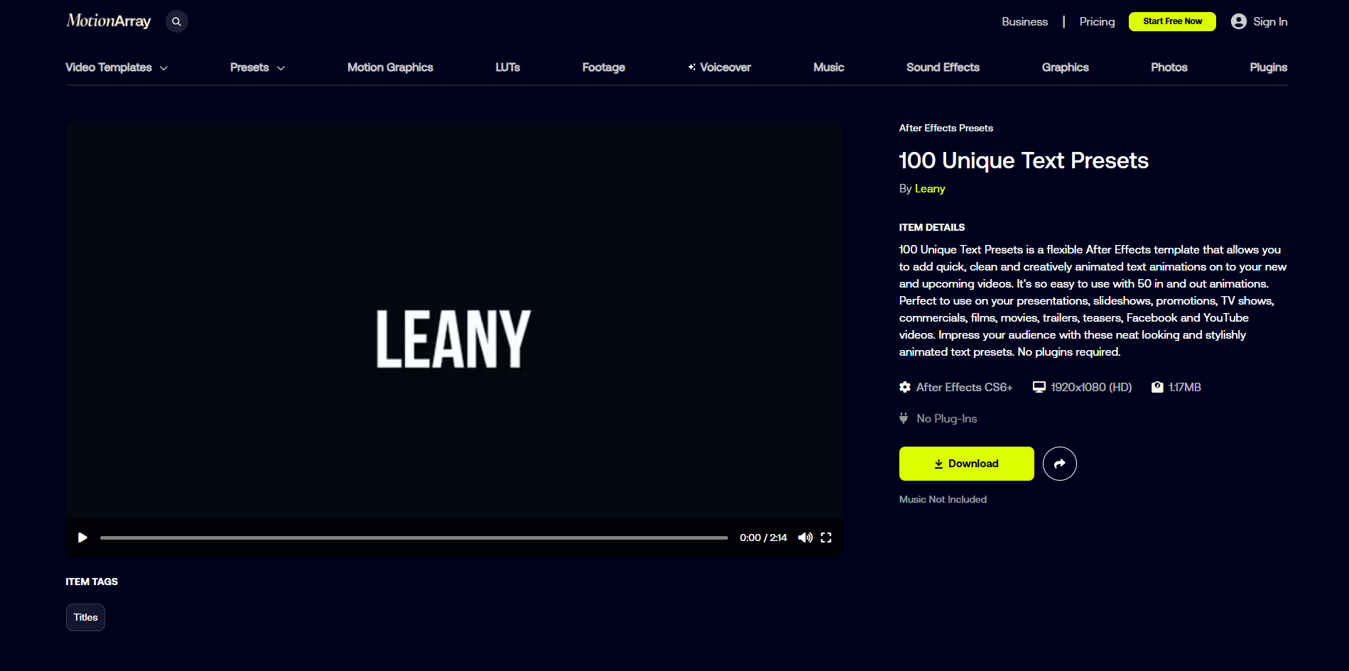 Interface of Motion Array - an accessible website for finding Alight Motion text presets