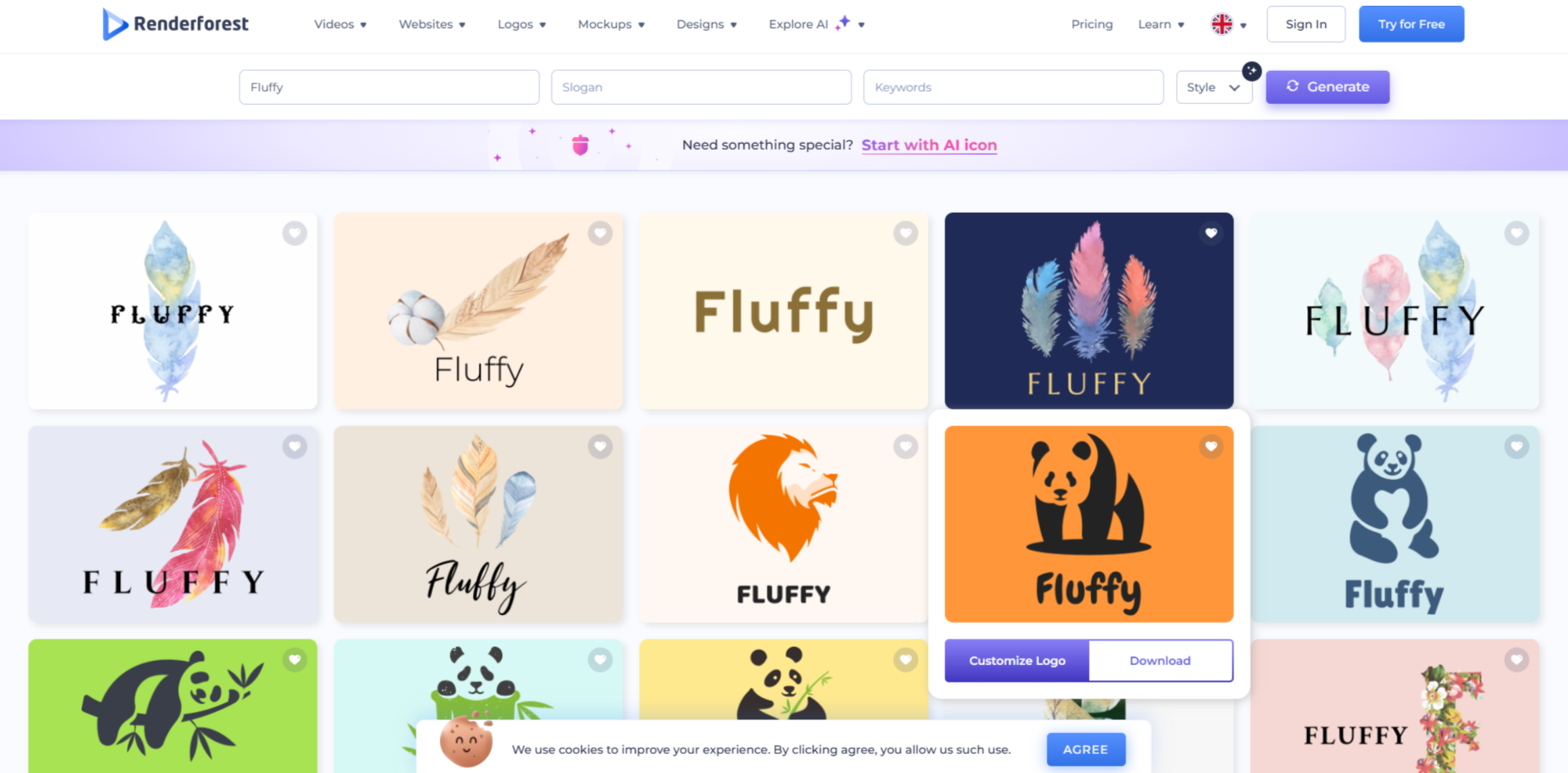 Interface von Renderforest - ein weiterer YouTube-Kanal-Logoersteller