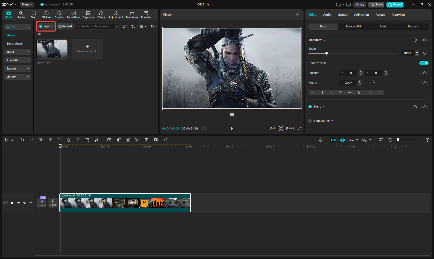 Import von Videoclips für Spiele